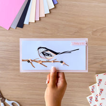 Load image into Gallery viewer, Iris fold long-tailed tit greeting card with resin flower embellishments and 'Thinking of you' greeting

