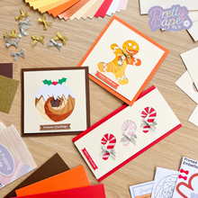 Load image into Gallery viewer, Make your own Christmas card kit - pudding, gingerbread man and candy cane iris fold cards

