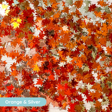 Load image into Gallery viewer, Pattern of autumn leaves in orange, silver, and red on a multicolor background.
