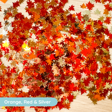 Load image into Gallery viewer, Autumn leaf confetti in orange, red, and silver on a textured background
