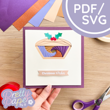 Load image into Gallery viewer, Mince Pie Iris Folding Pattern PDF &amp; SVG | Beginner Christmas Mince Pie Printable Download | Cut File | Christmas Card Making Template
