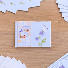 Load image into Gallery viewer, A packaged mini butterfly aperture card pack laid flat on a light wood surface. The clear plastic sleeve contains  butterfly-shaped cutouts with printed flower illustration, plus a printed label panel reading 'Mini Butterfly Garden Card Aperture Pack'.
