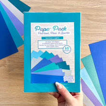 Load image into Gallery viewer, Northern Lights Paper Pack A5, 60 Sheets | Plain, Pearlised &amp; Sparkle Paper Pad | Blue Green Purple Silver Paper
