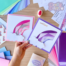 Load image into Gallery viewer, Two rainbow curve iris folding cards in purple and pink papers
