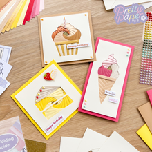 Load image into Gallery viewer, Three iris paper fold cake and ice cream cards
