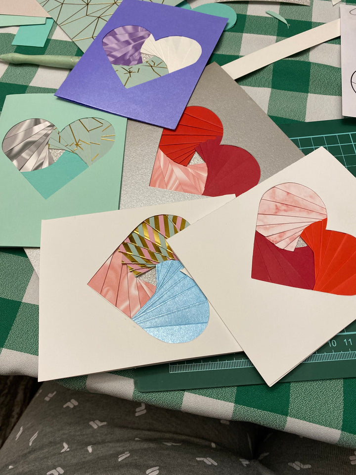 Five iris folded heart cards in various coulours