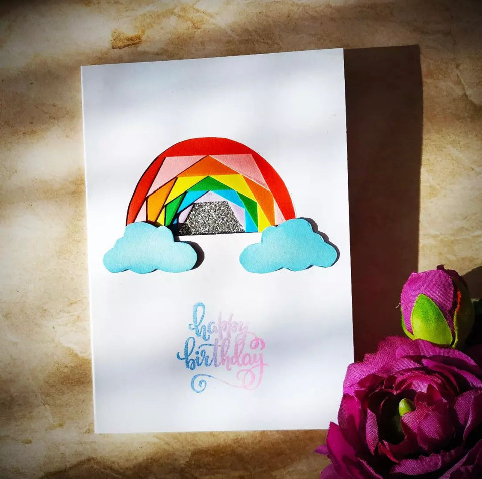 A6 iris fold rainbow card with happy birthday greeting