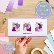 Load image into Gallery viewer, Purple iris fold card with three presents
