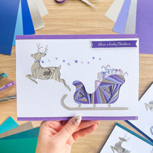 Load image into Gallery viewer, Santa&#39;s Sleigh with Reindeer Aperture Card (Pack of 3) | 3 x Square PRINTED Christmas Apertures, Coloured Card Blanks &amp; White Envelopes | Night Sky Edition | Blue Purple Teal
