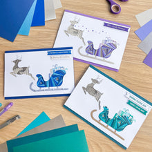 Load image into Gallery viewer, Santa&#39;s Sleigh with Reindeer Aperture Card (Pack of 3) | 3 x Square PRINTED Christmas Apertures, Coloured Card Blanks &amp; White Envelopes | Night Sky Edition | Blue Purple Teal
