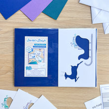Load image into Gallery viewer, Santa&#39;s Sleigh with Reindeer Aperture Card (Pack of 3) | 3 x Square PRINTED Christmas Apertures, Coloured Card Blanks &amp; White Envelopes | Night Sky Edition | Blue Purple Teal
