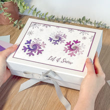 Load image into Gallery viewer, White Gift Box with three purple snowflakes and text &#39;Let it Snow&#39;
