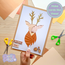 Load image into Gallery viewer, Make cards like this - iris folding stag on buff brown card
