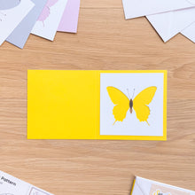 Load image into Gallery viewer, Butterfly aperture on bright yellow card blank
