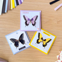 Load image into Gallery viewer, Three iris fold swallowtail butterfly greeting cards made with the aperture pack and some extra craft materials
