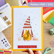 Load image into Gallery viewer, Tall Hat Gonk Iris fold card made with gold, bronze and white papers on buttercup card
