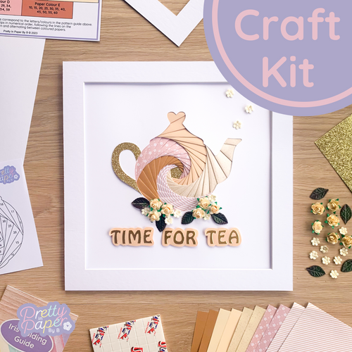 Tea pot craft kit using iris folding to make a 12 inch square wall art piece in cream