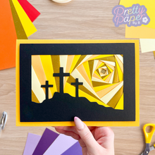 Load image into Gallery viewer, Three Crosses iris fold card in yellow and gold
