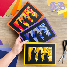 Load image into Gallery viewer, Three iris fold cards made with the three wise men silhouette aperture pack
