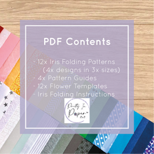 Load image into Gallery viewer, Pdf Contents, 12 iris folding patterns, 4 designs in 3 sizes, 4 pattern guides, 12 flower templates, iris folding instructions
